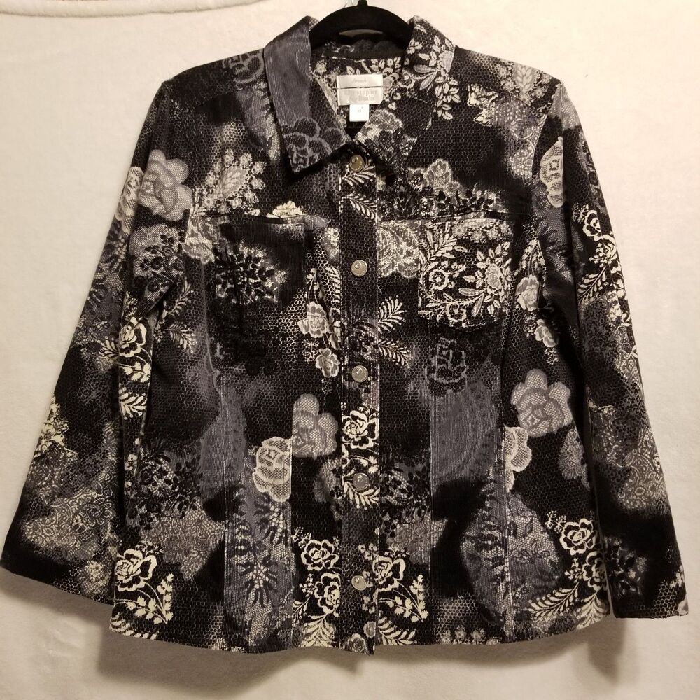 Christopher Banks M Jacket Corduroy Black Gray Floral Fall Autum Trucker Cottage